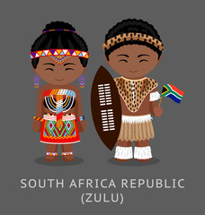 Zulu tribe. Zulus in national clothes with a flag. Man and woman in traditional costume. Travel to Republic of South Africa. People. Vector flat illustration. - obrazy, fototapety, plakaty