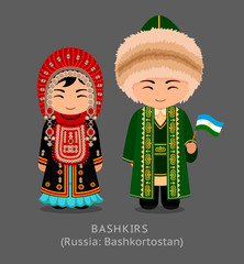 Bashkirs in national dress with a flag. Man and woman in traditional costume. Travel to Russia (Republic of Bashkortostan). People. Vector flat illustration.