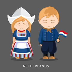 Dutches in national dress with a flag. A man and a woman in traditional costume. Travel to Netherlands. People. Vector illustration.