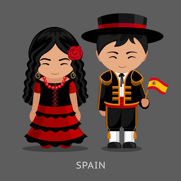 Spaniards in national dress with a flag. Man and woman in traditional costume. Travel to Spain. People. Vector flat illustration.