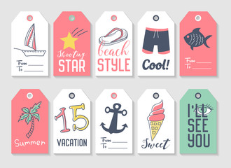 Summer Beach Vacation Tags Collection with Hand Drawn Elements Palm, Ice Cream and Fish. Vector illustration