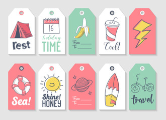 Summer Beach Vacation Tags Collection with Hand Drawn Elements Sun, Bicycle and Camp. Vector illustration