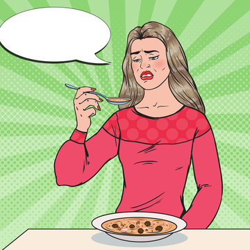 Pop Art Woman Eating Soup with Disgusting Face. Tasteless Food. Vector illustration