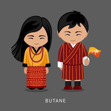 Bhutanese in national dress with a flag. Man and woman in traditional  costume. Travel to Bhutan. People. Vector flat illustration. Stock Vector |  Adobe Stock