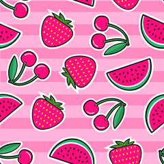 Summer colorful bright seamless pattern with patches of red strawberry, cherry, watermelon on pink background. Fashion patches and stickers. Vector illustration.