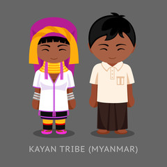 Kayan tribe in traditional costume. Man and woman, boy and girl. Cute cartoon characters. Travel to Myanmar (Burma). Vector flat illustration.