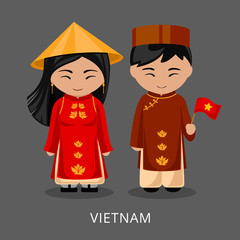 Vietnamese in national dress with a flag. Man and woman in traditional costume. Travel to Vietnam. People. Vector flat illustration.