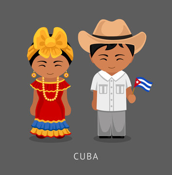Cubans in national dress with a flag. Man and woman in traditional costume. Travel to Cuba. People. Vector flat illustration.