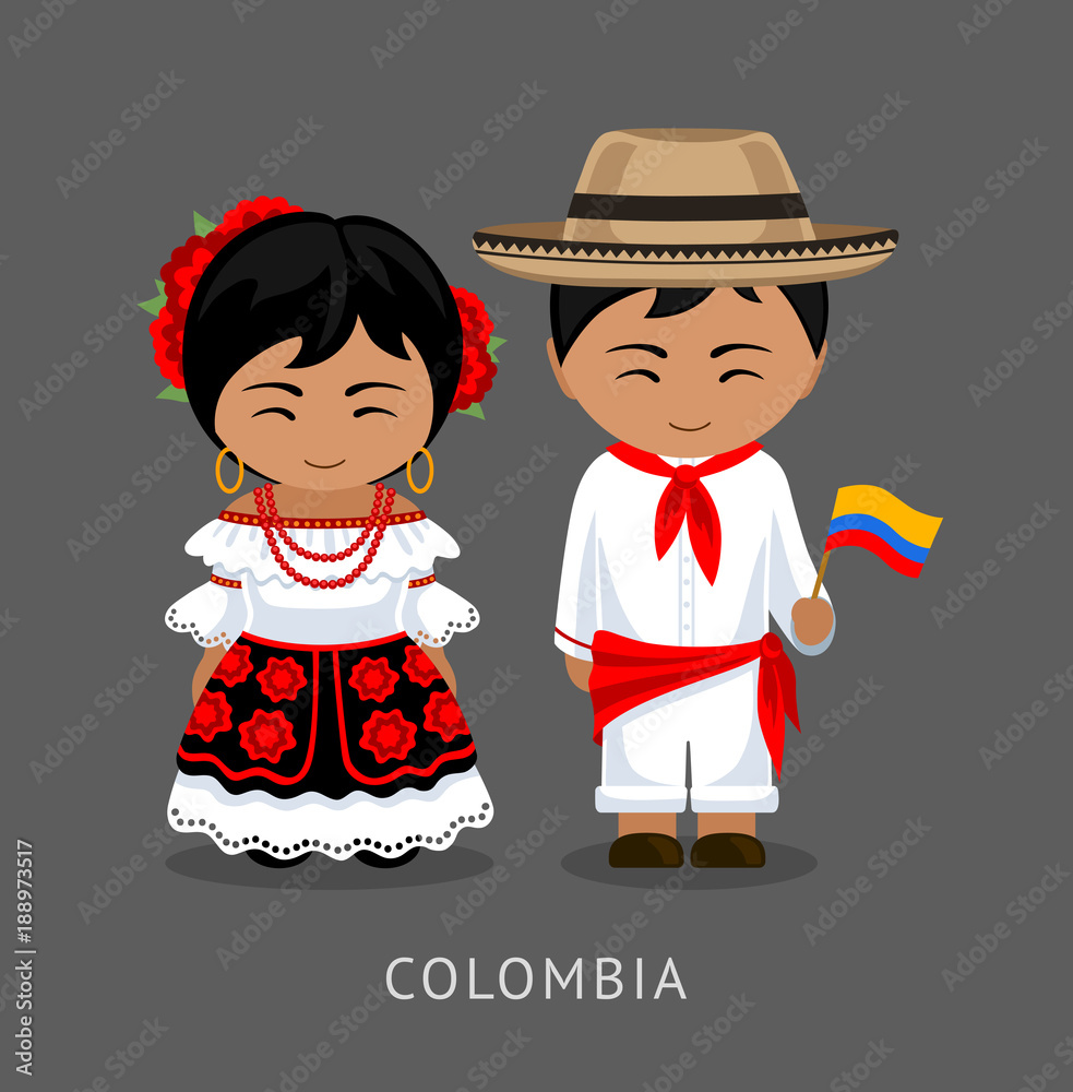 Wall mural Colombians in national dress with a flag. Man and woman in traditional costume. Travel to Colombia. People. Vector flat illustration.