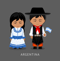 Argentines in national dress with a flag. Man and woman in traditional costume. Travel to Argentina. People. Vector flat illustration.