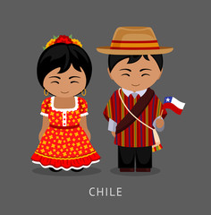 Chileans in national dress with a flag. Man and woman in traditional costume. Travel to Chile. People. Vector flat illustration.