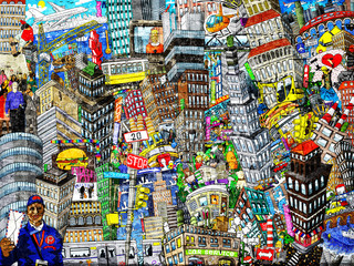 Graffiti, City, eine Illustration einer großen Collage mit Häusern, Autos und Menschen