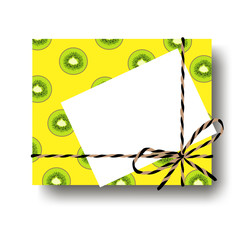 Tropical yellow with kiwi scile gift present box with tied string bow and blank note with copy space. Wrapping diy idea. Vector illustration. Top view