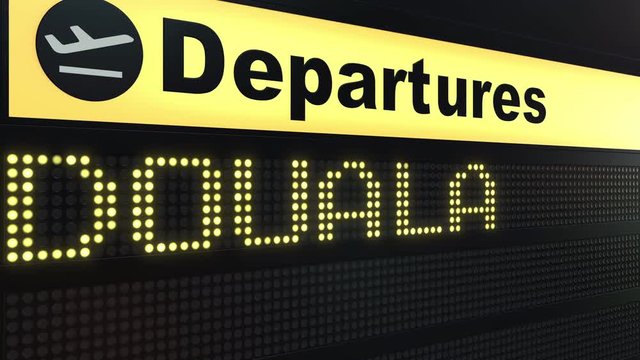 Flight to Douala on international airport departures board. Travelling to Cameroon conceptual intro animation