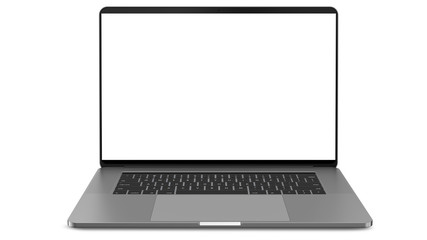 Laptop with blank screen isolated on white background, white aluminium body.Whole in focus. High detailed. Template, mockup.