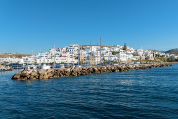 White houses of Naxos (Chora) town in port on Naxos island. Greece © vivoo