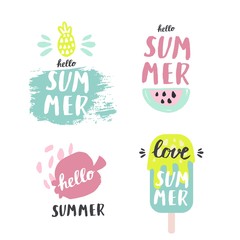 Summer lettering pop art set with holiday Elements. Pomegranate, watermelon, ice cream, pineapple. Typographic design. Vector illustration.