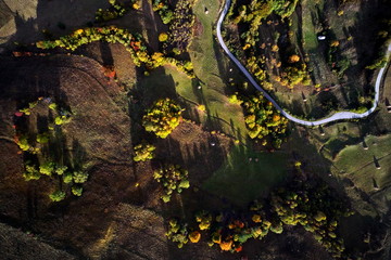 aerial view of Carpathian mountains countryside in autumn morning, Romania