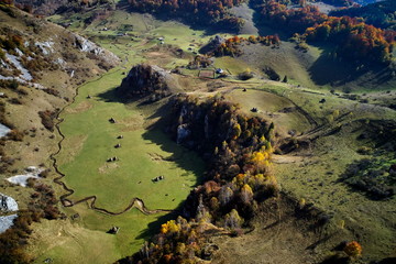 mountain landscape in autumn morning - Fundatura Ponorului, Romania - aerial view