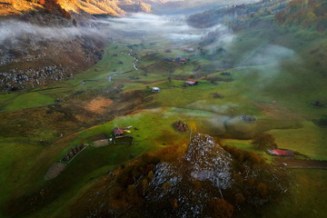 mountain landscape in autumn morning - Fundatura Ponorului, Romania - aerial view