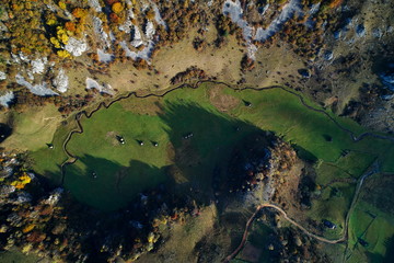 mountain landscape in autumn morning - Fundatura Ponorului, Romania - aerial view