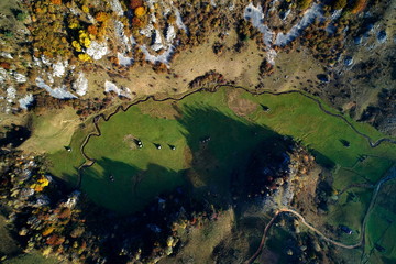 mountain landscape in autumn morning - Fundatura Ponorului, Romania - aerial view