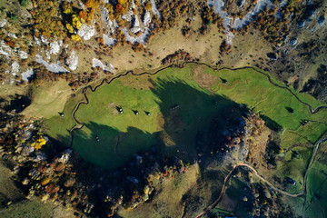 mountain landscape in autumn morning - Fundatura Ponorului, Romania - aerial view