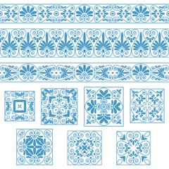 Set collections of old Greek ornaments. Antique borders and tiles in white and blue colors
