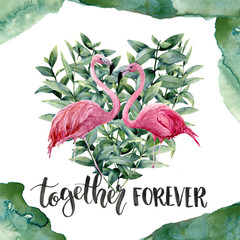 Watercolor Valentine's Day card with flamingo. Hand painted floral heart  with eucalyptus leaves and pink birds isolated on white background. Together forever lettering. For design, fabric, card.