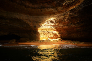 The interior of a sea cave on the Algarve coast near Benagil, Portugal, Europe. Nature geology seen from boat trip.