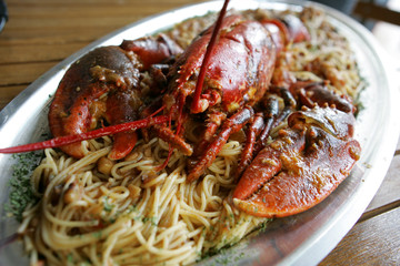Lobster with pasta in croatian restaurant.