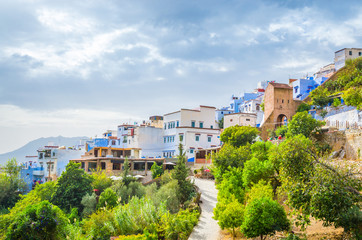 Panoramic view of blue medina of city Chefchaouen,  Morocco, Africa.