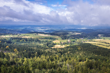 Aerial view from Szczeliniec Wielki massif in Table Mountains National Park in Sudetes, Poland