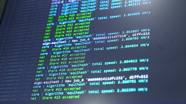 Screen with crypto code. Program code for mining cryptocurrency, mining work. Screen with software developer code. Crypto-currency