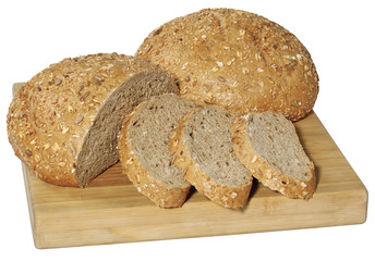 Bread,Plenty of sliced bread background, Bakery and grocery concept. Fresh, healthy sorts of rye and white loaves, sprinkled flour on sackcloth and rustic wood table, food closeup.