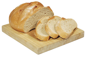 fresh sliced bread on wooden board isolated on white
