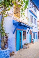 Beautiful street of blue medina in city Chefchaouen,  Morocco, Africa.