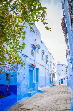 Beautiful street of blue medina in city Chefchaouen,  Morocco, Africa.