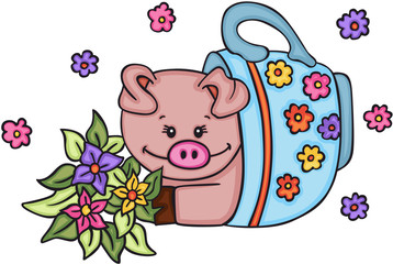 Cute pig inside cup with flowers
