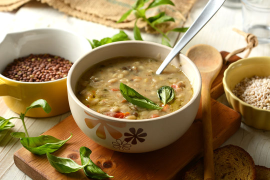 soup with cereals and legumes in the bowl