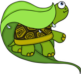 Turtle hiding under a green leaf from the rain
