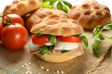 sandwich with turkey breast, mozzarella and tomato
