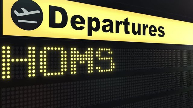 Flight to Homs on international airport departures board. Travelling to Syria conceptual intro animation