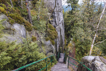 Marked trail of Szczeliniec Wielki massif in Table Mountains National Park, Sudetes in Poland