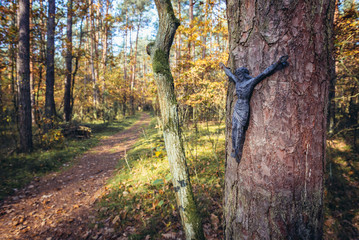 Obraz premium Small Jesus figure nailed to tree in Kampinos Forest National Park in Masovia region of Poland