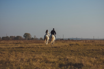 Obraz premium Two people on horseback in the field