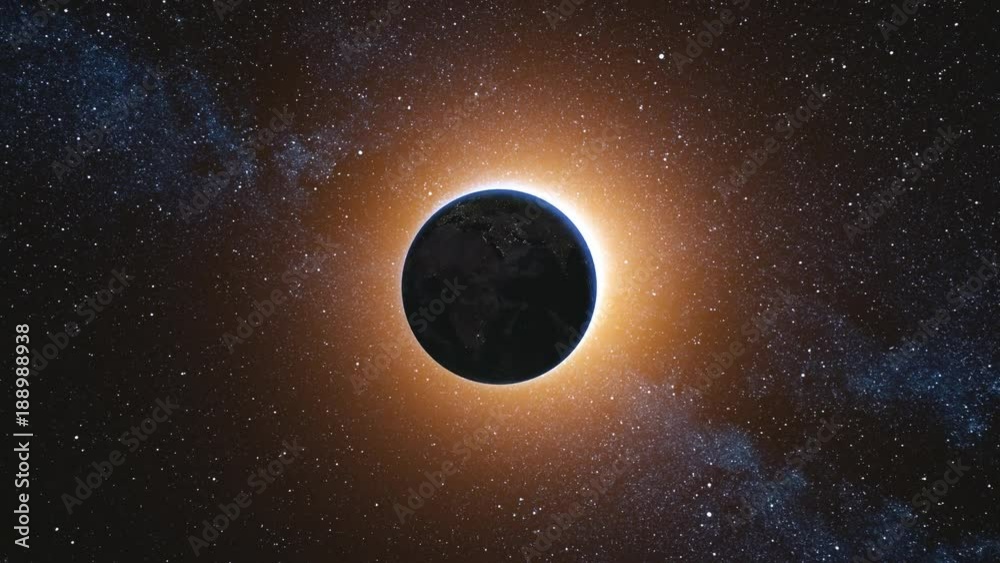 Wall mural space view on planet earth and sun star rotating on its axis in black universe. seamless loop with d