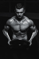 Fototapeta na wymiar bodybuilder athletic guy execute biceps exercise with dumbbellsfitness,