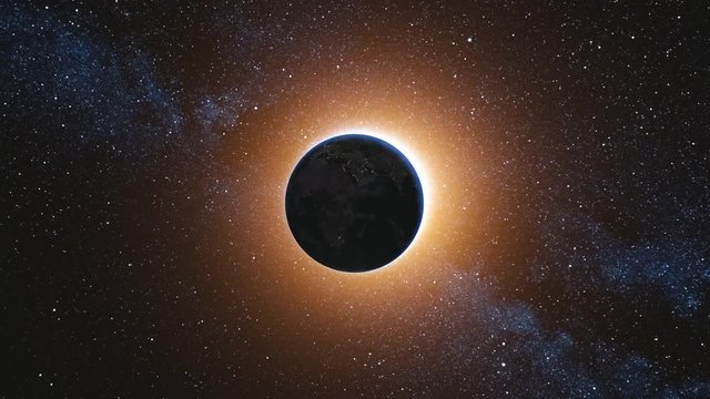 Space view on Planet Earth and Sun Star rotating on its axis in black Universe. Seamless loop with day and night city lights. High detailed 4k, 3D Render animation. Elements of image furnished by NASA