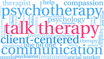 Talk Therapy Word Cloud on a white background. 